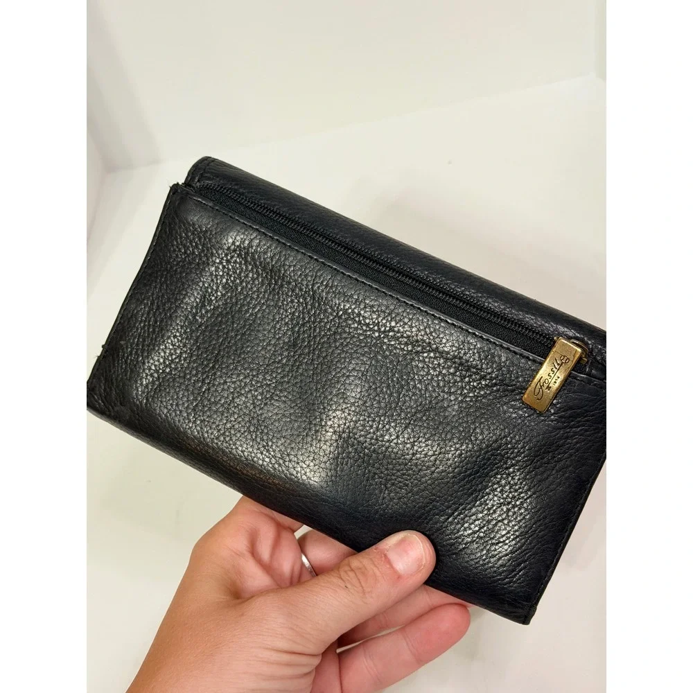 Fossil Black Pebbled Leather Envelope Clutch Wallet Zip Pocket Organizer